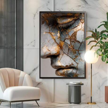 Quadro Decorativo Abstrato Rosto Mulher Detalhes Dourados