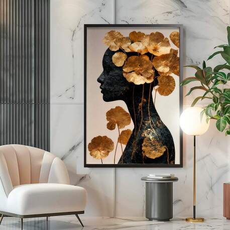 Quadro Decorativo Abstrato Silhueta Mulher Com Folhas Douradas 