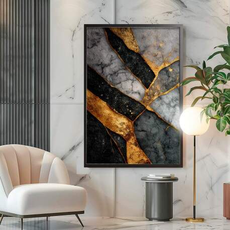 Quadro Decorativo Mrmore Geomtrico Abstrato Cinza e Dourado