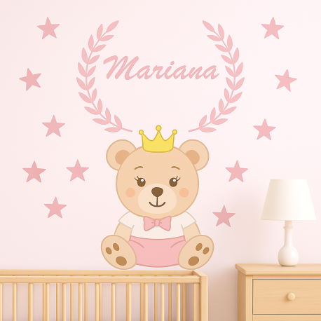 Adesivo de Parede Ursa Prncesa com Nome Rosa