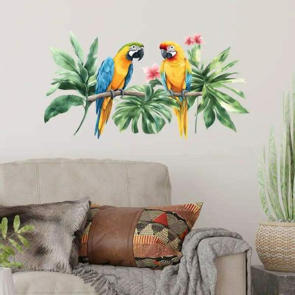 Adesivo de Parede Tropical com Papagaios Coloridos
