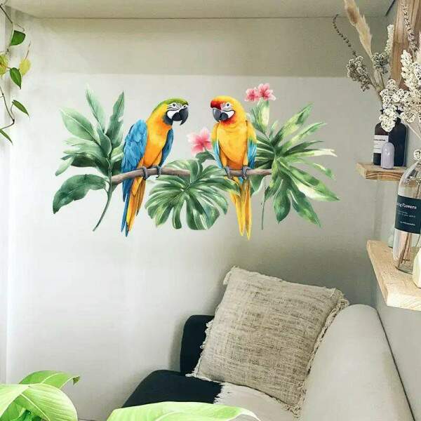 Adesivo de Parede Tropical com Papagaios Coloridos