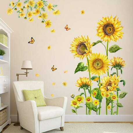 Adesivo de Parede Floral Girassis e Borboletas