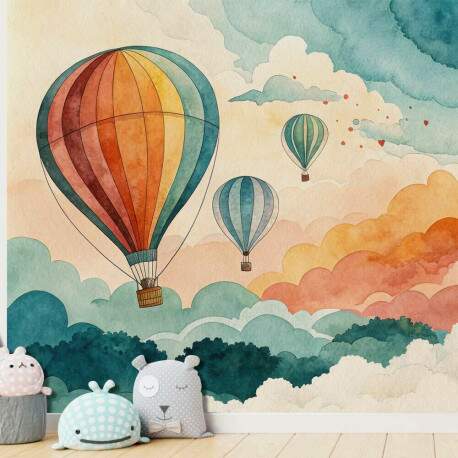 Papel de Parede para Quarto Infantil Aquarela Nuvens Coloridas Com Bales MP
