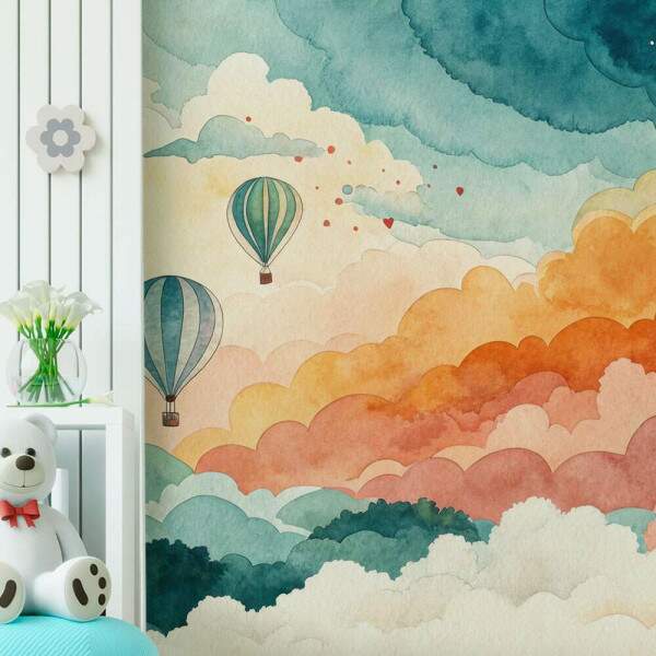 Papel de Parede para Quarto Infantil Aquarela Nuvens Coloridas Com Bales MP