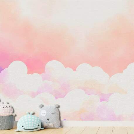 Papel de Parede para Quarto Infantil Aquarela Cu e Nuvens Rosados MP