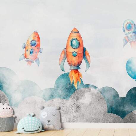 Papel de Parede para Quarto Infantil Aquarela Foguetes nas Nuvens MP