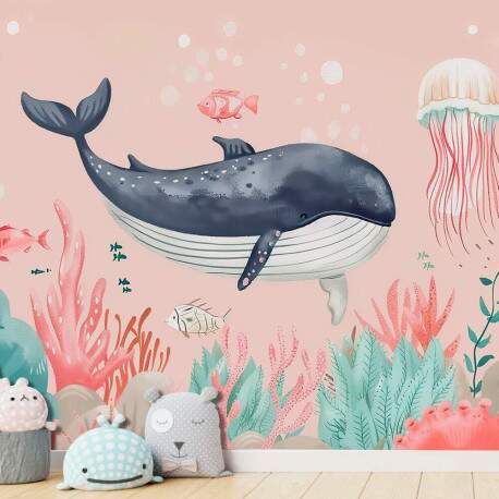 Papel de Parede para Quarto Infantil Aquarela Baleias no Fundo do Mar MP