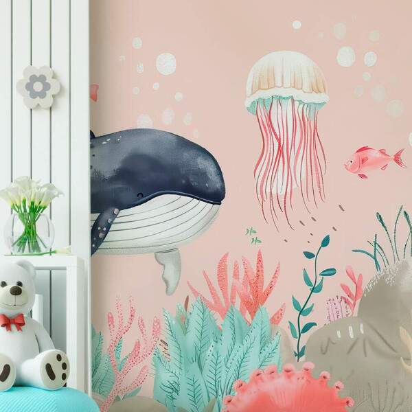 Papel de Parede para Quarto Infantil Aquarela Baleias no Fundo do Mar MP