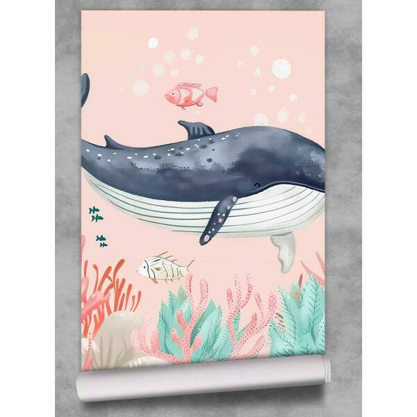 Papel de Parede para Quarto Infantil Aquarela Baleias no Fundo do Mar MP