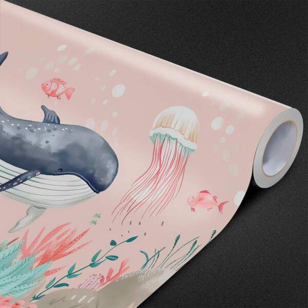 Papel de Parede para Quarto Infantil Aquarela Baleias no Fundo do Mar MP