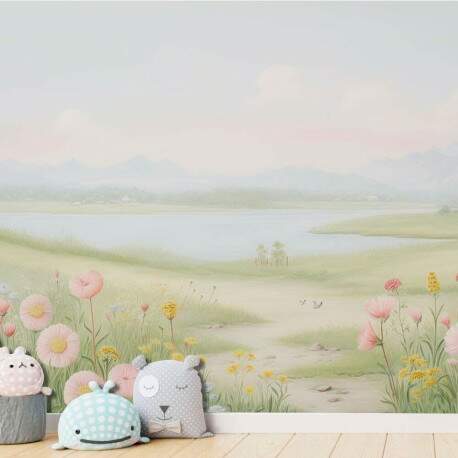Papel de Parede para Quarto Infantil Aquarela Paisagem com Lago MP