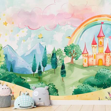 Papel de Parede para Quarto Infantil Aquarela Paisagem Castelo com Arco-ris MP