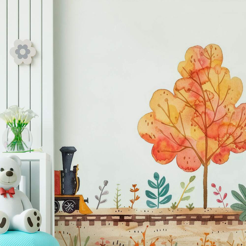 Papel de Parede para Quarto Infantil Aquarela Trem na Floresta MP