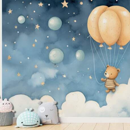 Papel de Parede para Quarto Infantil Aquarela Ursinho Voando com Bales MP
