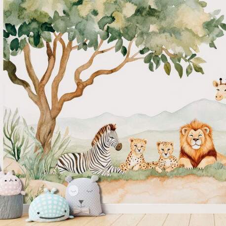 Papel de Parede para Quarto Infantil Aquarela Animais do Safari MP