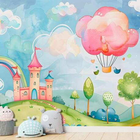 Papel de Parede para Quarto Infantil Aquarela Paisagem Castelo e Balo MP