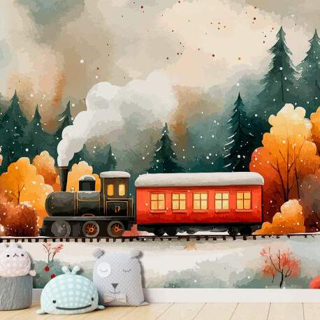 Papel de Parede para Quarto Infantil Aquarela Trem na Floresta MP