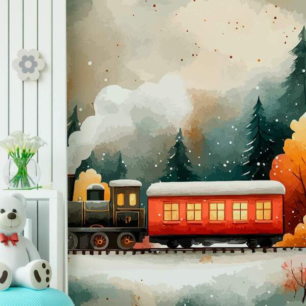 Papel de Parede para Quarto Infantil Aquarela Trem na Floresta MP