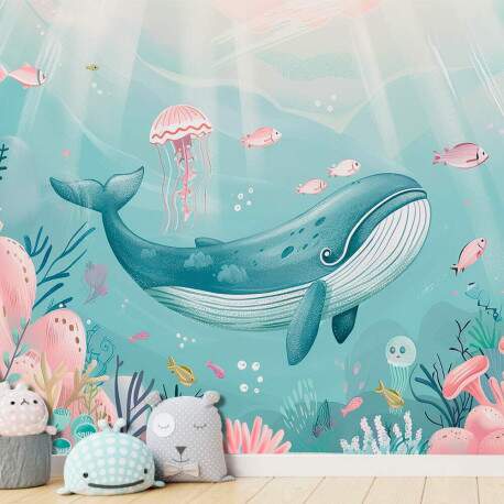 Papel de Parede para Quarto Infantil Aquarela Baleia no Fundo do Mar MP