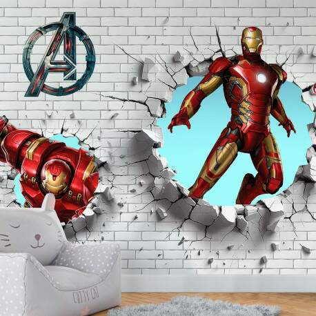 Papel De Parede 3D Homem De Ferro Buraco Na Parede MP