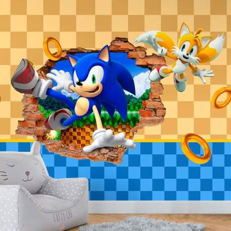 Papel De Parede 3D Sonic E Tails Bucaro Parede Xadrez MP