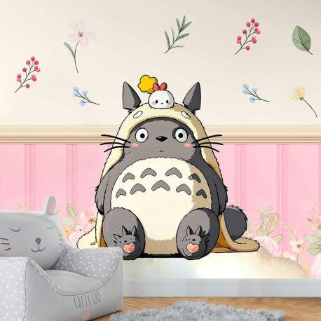 Papel De Parede 3D Totoro Boiserie Rosa Com Flores MP