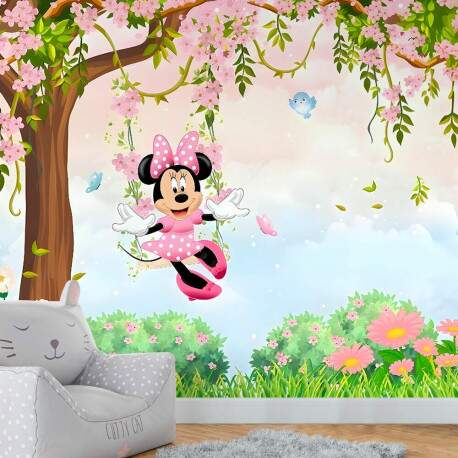 Papel De Parede Minnie Rosa No Balanco Da Arvore E Jardim MP