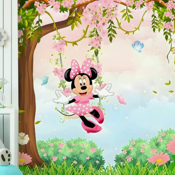 Papel De Parede Minnie Rosa No Balanco Da Arvore E Jardim MP