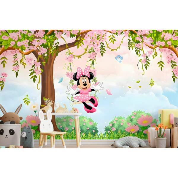 Papel De Parede Minnie Rosa No Balanco Da Arvore E Jardim MP