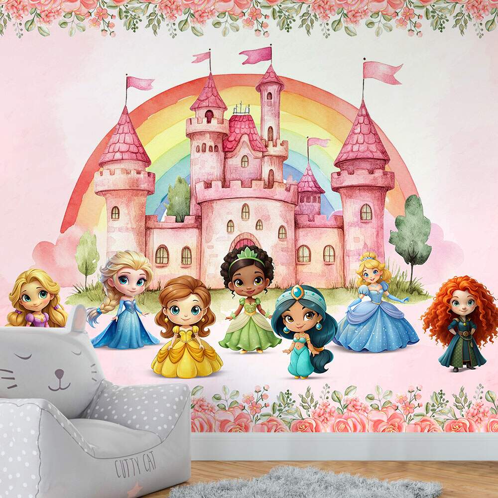 Papel De Parede Princesas Cute Castelo Aquarela MP