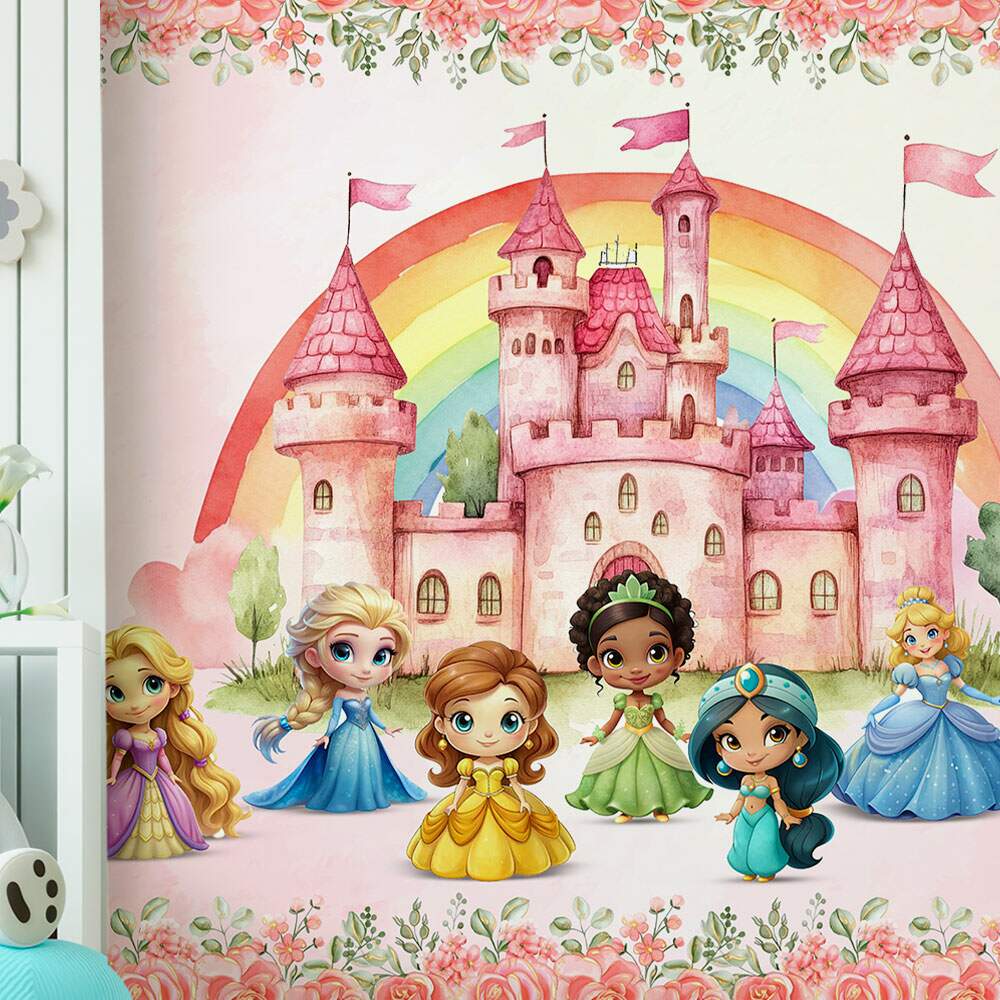 Papel De Parede Princesas Cute Castelo Aquarela MP