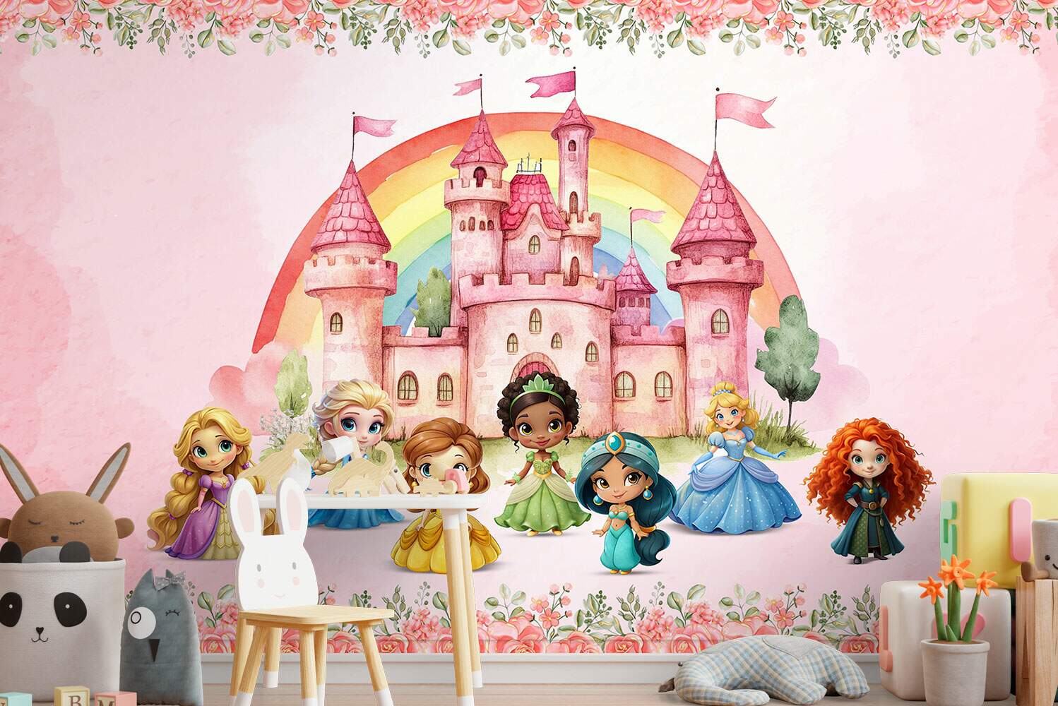 Papel De Parede Princesas Cute Castelo Aquarela MP