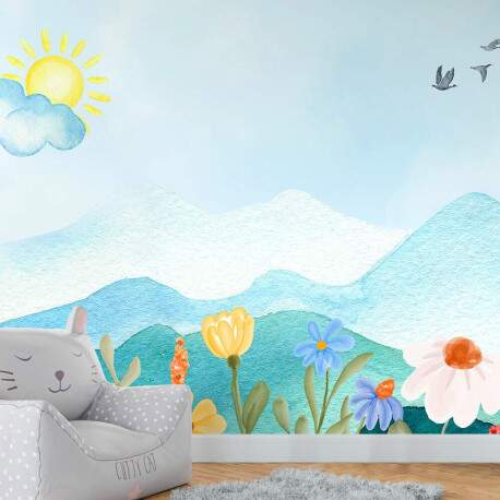 Papel De Parede Montanhas E Jardim Ensolarado Aquarela Mp MP