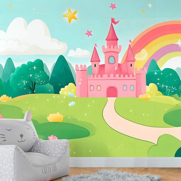 Papel De Parede Castelo Rosa Na Floresta Com Arco Iris MP