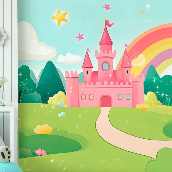 Papel De Parede Castelo Rosa Na Floresta Com Arco Iris MP