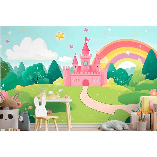 Papel De Parede Castelo Rosa Na Floresta Com Arco Iris MP