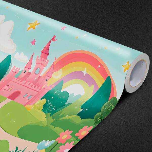 Papel De Parede Castelo Rosa Na Floresta Com Arco Iris MP