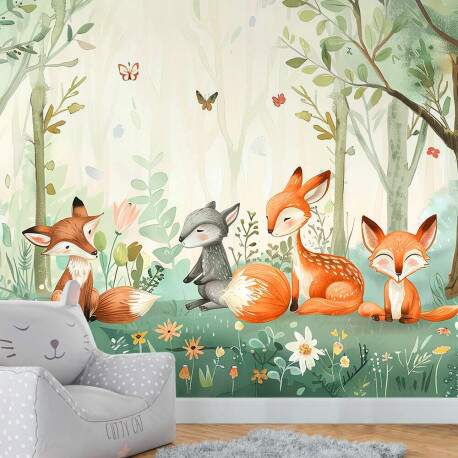 Papel De Parede Raposas no Bosque Aquarela MP