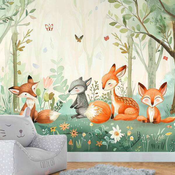 Papel De Parede Raposas no Bosque Aquarela MP