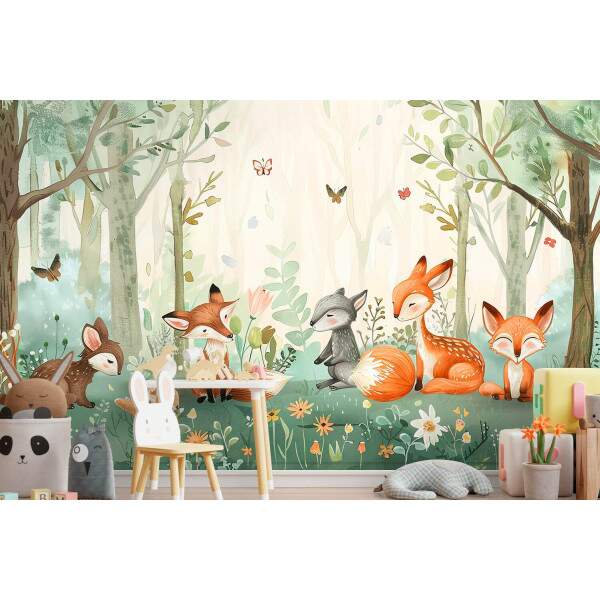 Papel De Parede Raposas no Bosque Aquarela MP