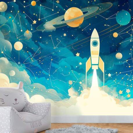 Papel De Parede Foguete Espacial Estrelas E Planetas MP