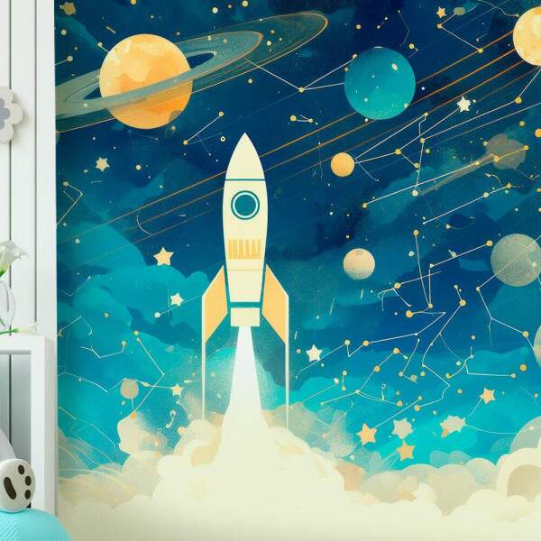 Papel De Parede Foguete Espacial Estrelas E Planetas MP