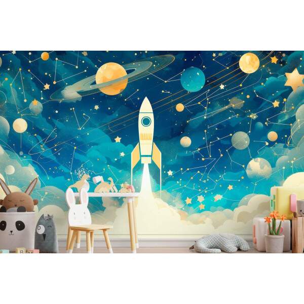Papel De Parede Foguete Espacial Estrelas E Planetas MP