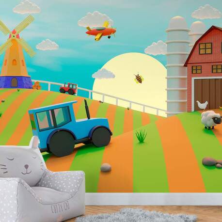 Papel De Parede Fazendinha Trator Azul Animado MP