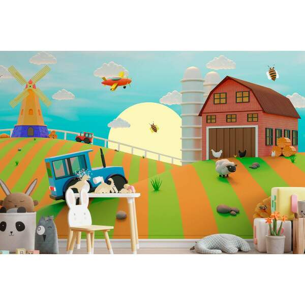 Papel De Parede Fazendinha Trator Azul Animado MP