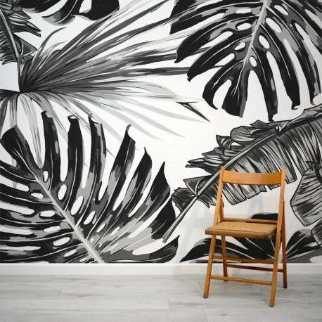 Papel de Parede Folhagens Tropicais em Preto e Cinza MP