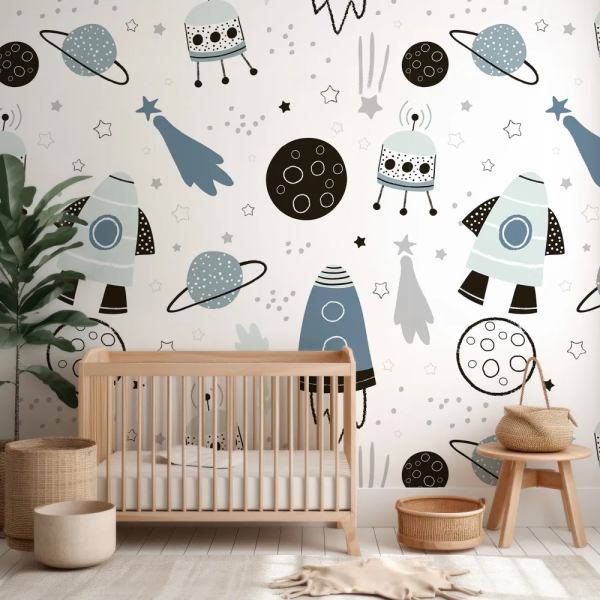 Papel de Parede Espao Azul e Cinza Infantil MP