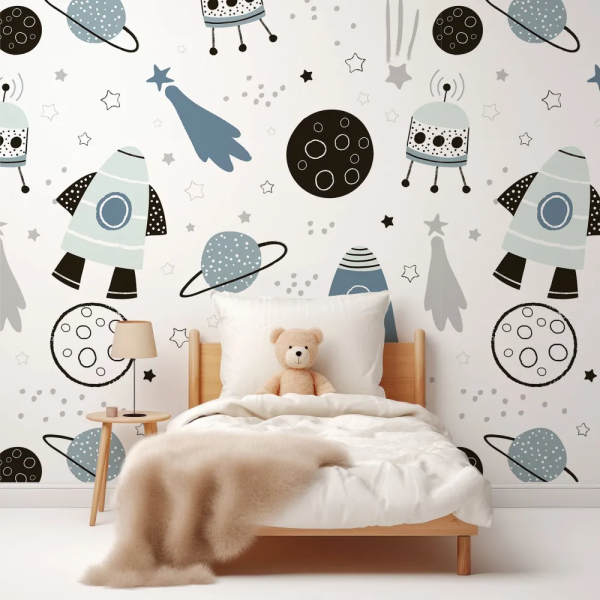 Papel de Parede Espao Azul e Cinza Infantil MP