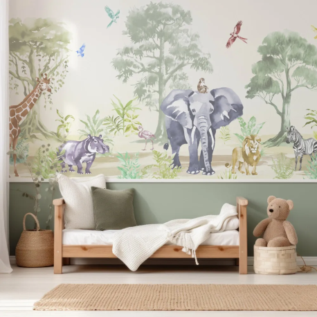 Papel de Parede Aquarela Safari Infantil Colorido MP